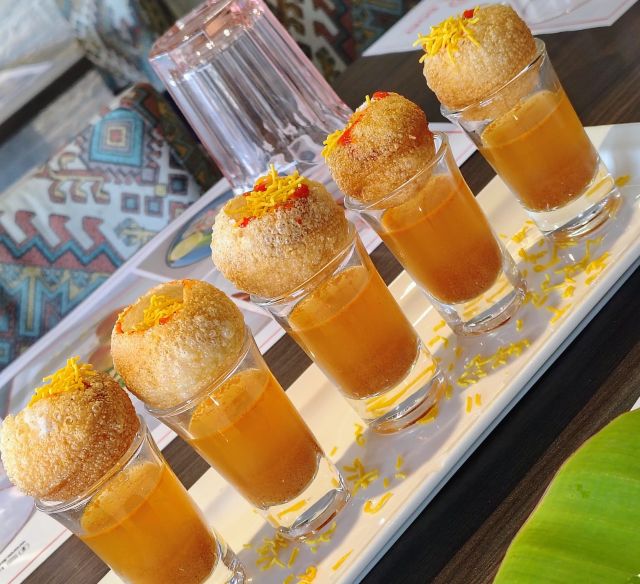 Rasam Panipuri shots at Beypore Boat restaurant, Madinat Zayed, Abu Dhabi