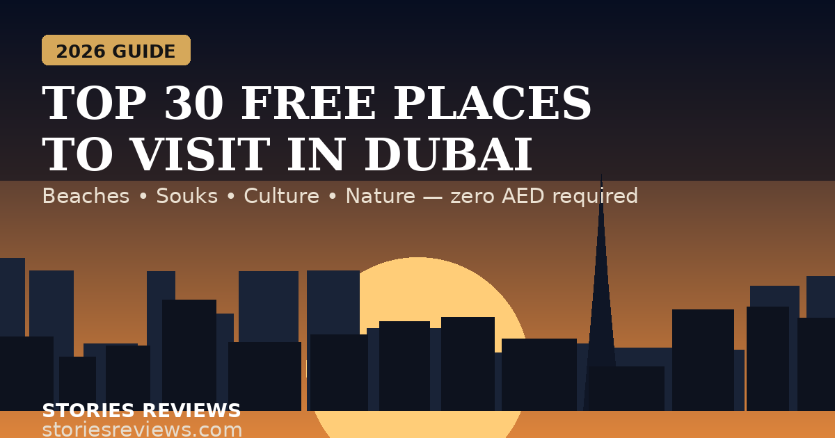Dubai skyline at sunset with text Top 30 Free Places to Visit in Dubai 2026 Guide